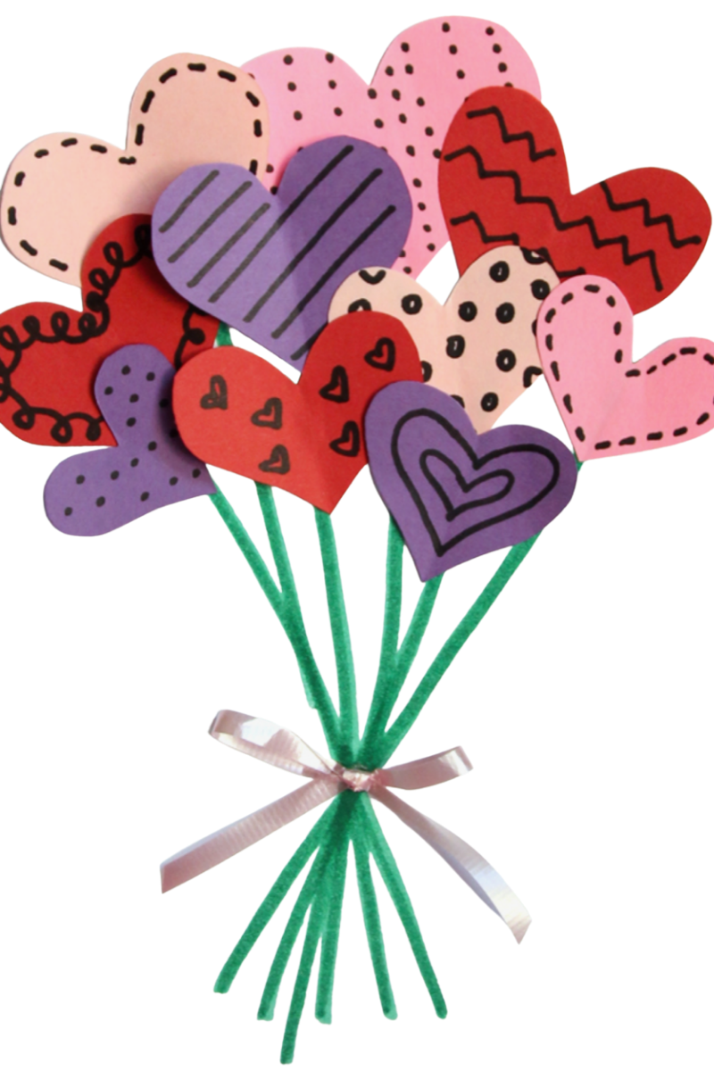valentines day card made out of construction paper cutout hearts in purple, red, and pink, with a marker drawn green stems to make a heart bouquet card
